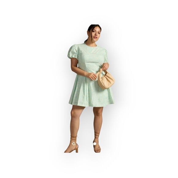 Maeve Anthropologie Puff-Sleeve Pleated Midi Dress Mint Green Floral M NWT - Picture 1 of 16